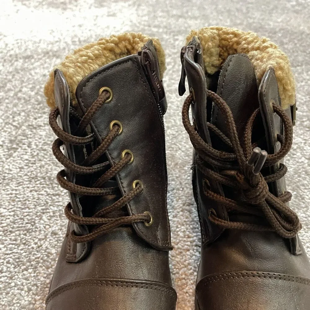 Wanted Girls Size 1 Boots Dark Brown Lace-up with Side Zipper Betsy Ankle Sherpa